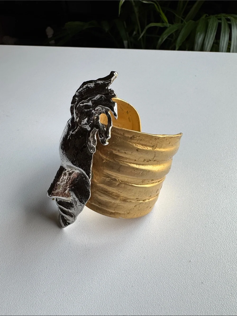Sculptural Two-Tone Face Cuff Bracelet - Silver & Gold